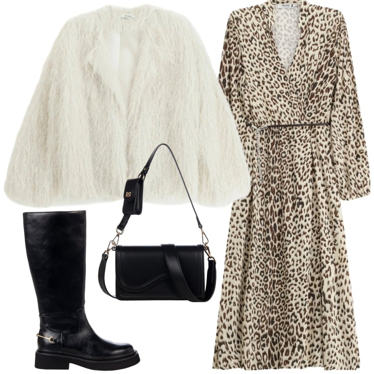 Outfit donna - Eleganza Selvaggia d’Inverno. Stile Casual per Serata fuori. Abbinamento con occhiali da sole, blazer, pochette, stivali sopra il ginocchio, vestiti midi/longuette, portachiavi.