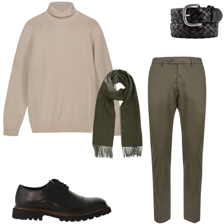 Outfit uomo - In ufficio. Stile Urban per Ufficio. Abbinamento con scarpe stringate, pullovers, pantaloni chino, cinture, sciarpe.