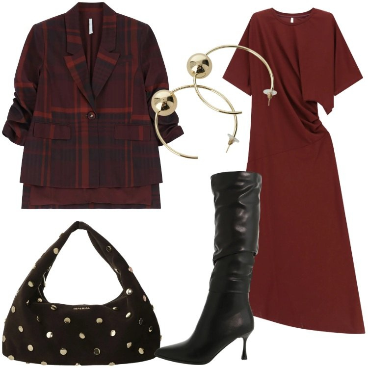 Outfit donna - San Valentino curvy mood. Stile Romantica per Serata fuori. Abbinamento con vestiti lunghi, stivali sopra il ginocchio, blazer, borse a spalla, orecchini.