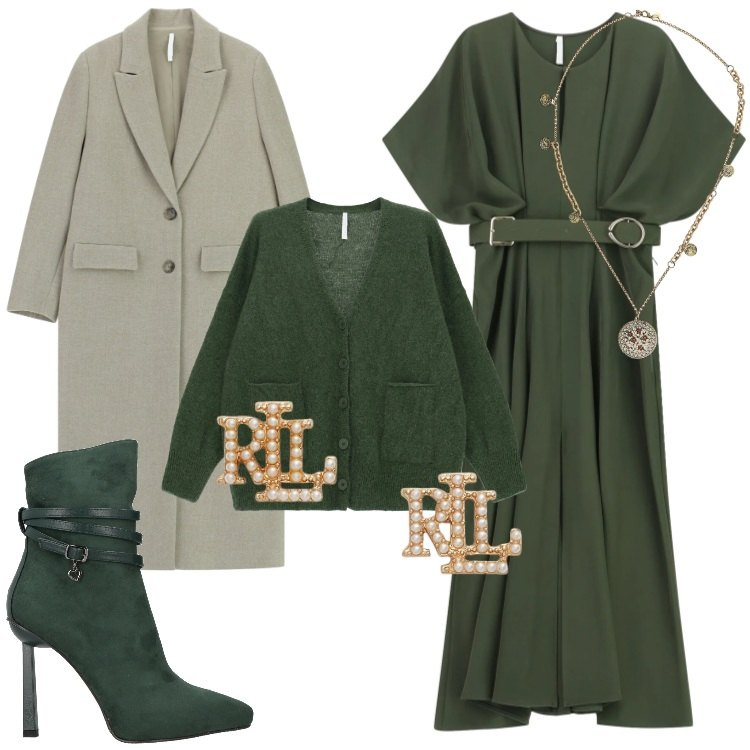 Outfit donna - Tessuti morbidi che valorizzano Curvy. Stile Trendy per Serata fuori. Abbinamento con stivaletti, vestiti lunghi, cardigans, cappotti, ciondoli, orecchini.