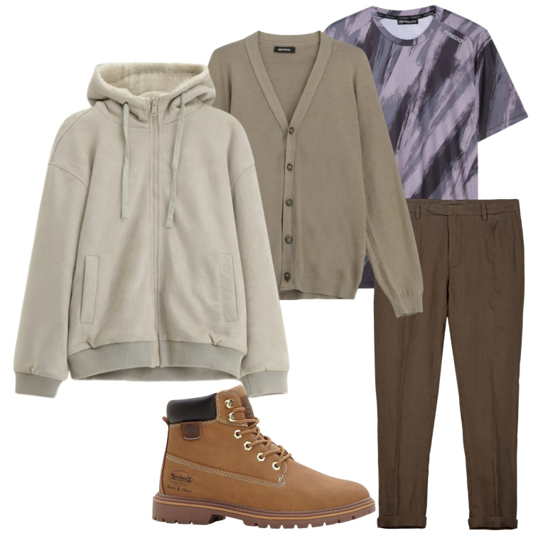 Outfit uomo - Layering a febbraio. Stile Casual per Tutti i giorni. Abbinamento con stivali e stivaletti, cardigans, bomber, t-shirt, pantaloni.
