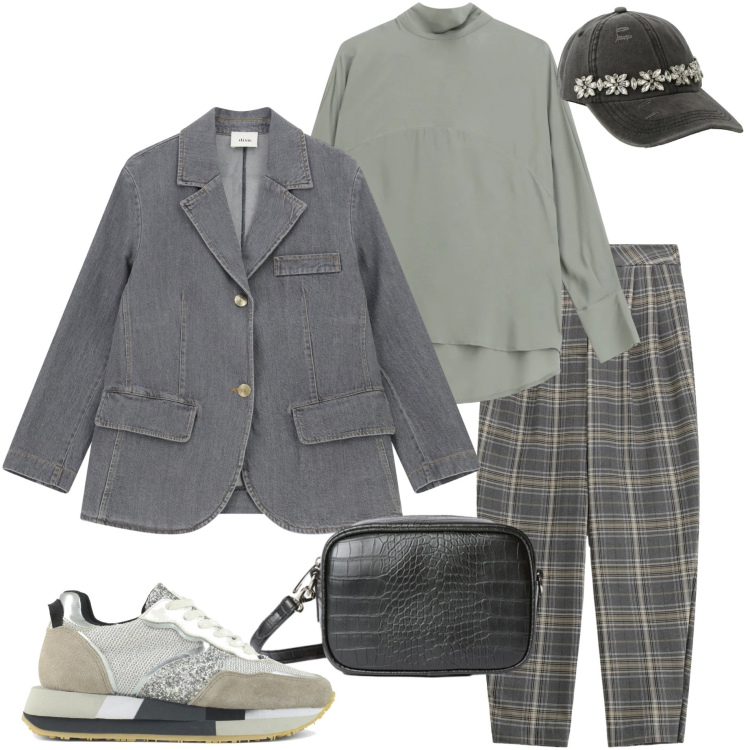 Outfit donna - Continuano i saldi. Stile Casual chic per Tutti i giorni. Abbinamento con bluse, blazer, cappelli, pantaloni, borse a tracolla, sneakers.