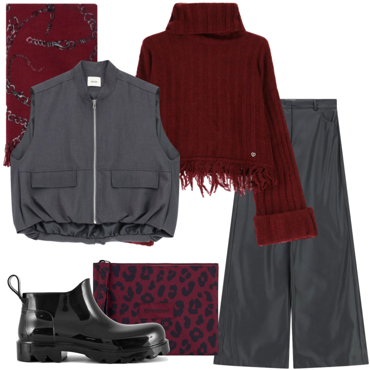 Outfit donna - Sporty chic. Stile Sporty chic per Tutti i giorni. Abbinamento con blazer, pantaloni a palazzo, maglieria, clutch, stivali, sciarpe.