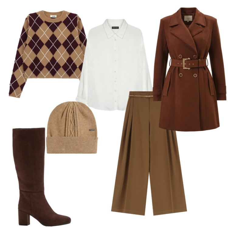 Outfit donna - Total look. Stile Casual per Tutti i giorni. Abbinamento con stivali, pantaloni, maglieria, trench, berretti, camicie.