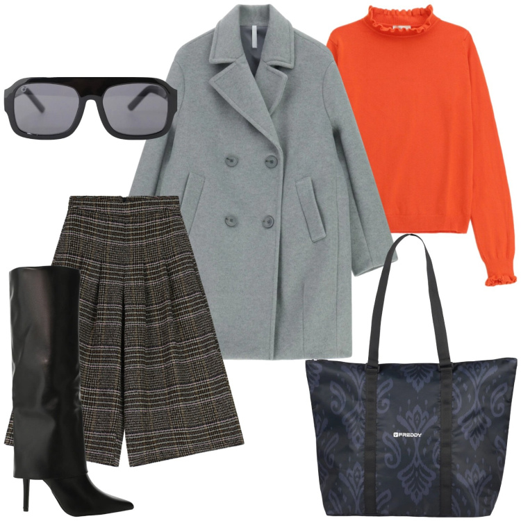 Outfit donna - Un po\' di colore - @pamela. Stile Chic per Ufficio. Abbinamento con stivali, occhiali da sole, cappotti, pantaloni a palazzo, maglieria, shopping bag.