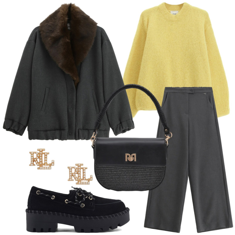 Outfit donna - Total look #2332931. Stile Minimal per Ufficio. Abbinamento con cappotti, pantaloni a palazzo, maglieria, borse a spalla, orecchini, mocassini.
