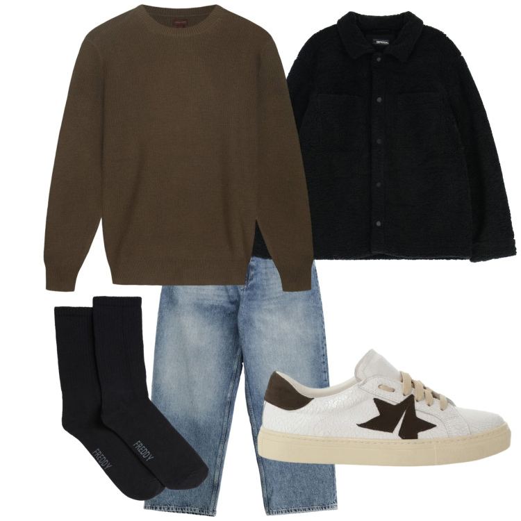 Outfit uomo - Passeggiata. Stile Urban per Tutti i giorni. Abbinamento con jeans, sneakers, cappotti, calzini, maglieria.