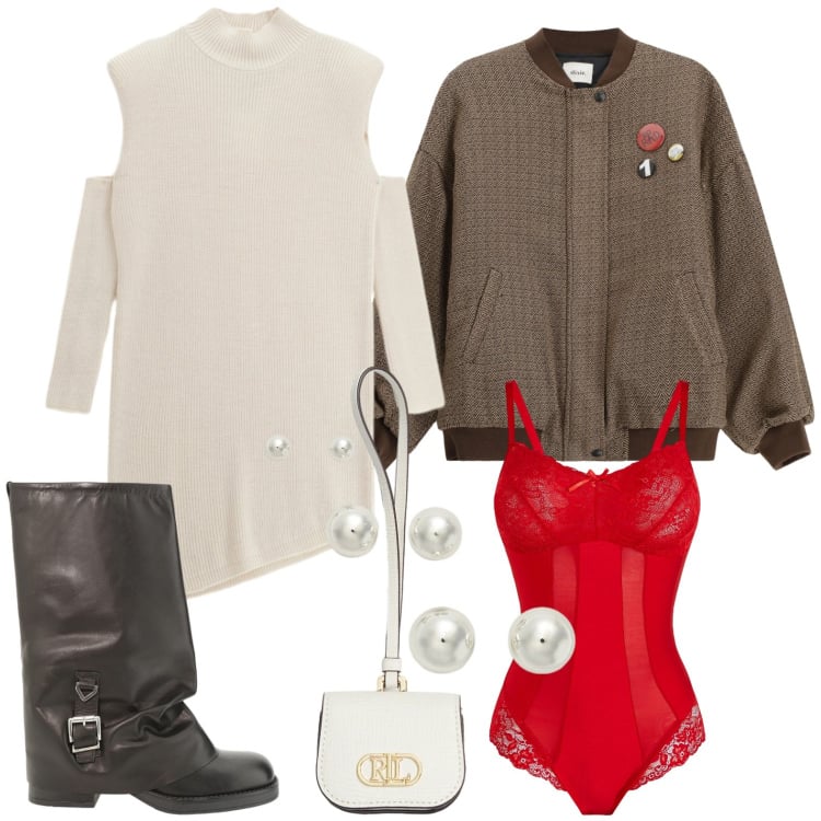 Outfit donna - Un outfit per San Valentino. Stile Minimal per Serata fuori. Abbinamento con body, bomber, vestiti asimmetrici, stivali, orecchini, pochette.
