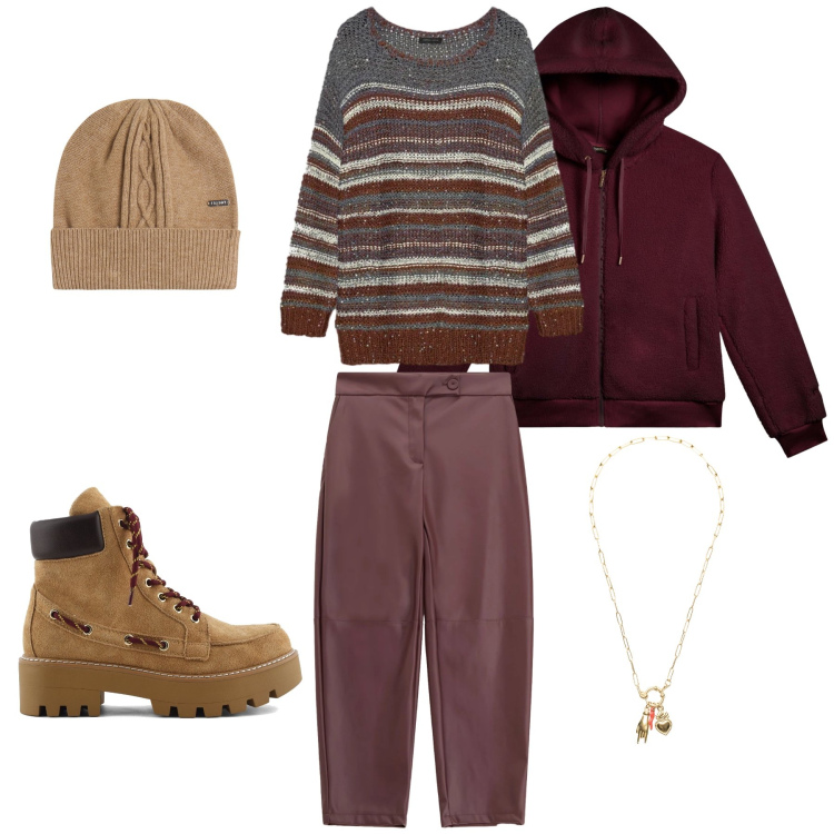 Outfit donna - Cozy Layers: Calore Boho-Chic. Stile Boho per Tutti i giorni. Abbinamento con pantaloni, ciondoli, berretti, bomber, stivaletti, maglieria.