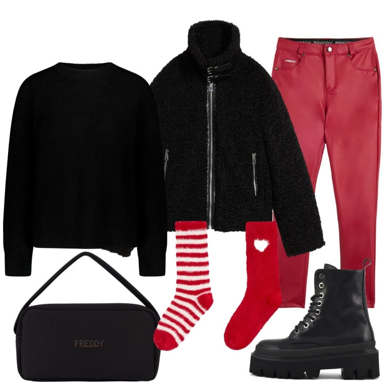 Outfit donna - Total look #2332942. Stile Casual per Tutti i giorni. Abbinamento con ecopellicce, calzini, pantaloni skinny, borse a mano, maglieria, anfibi.