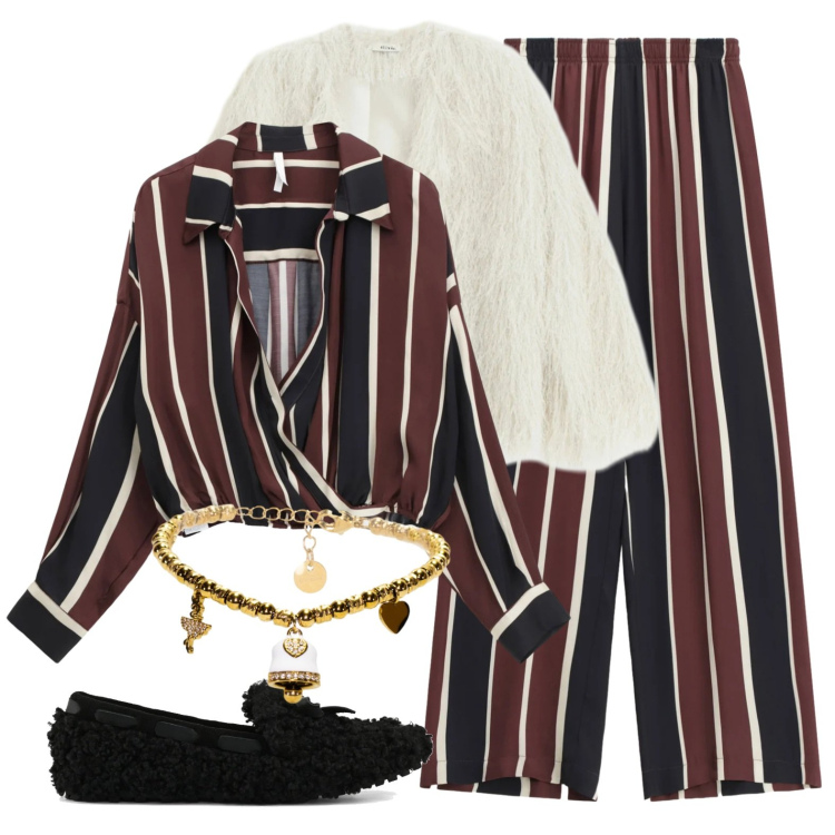 Outfit donna - Comoda nelle righe. Stile Casual chic per Tutti i giorni. Abbinamento con camicie, pantaloni a palazzo, blazer, braccialetti, mocassini.