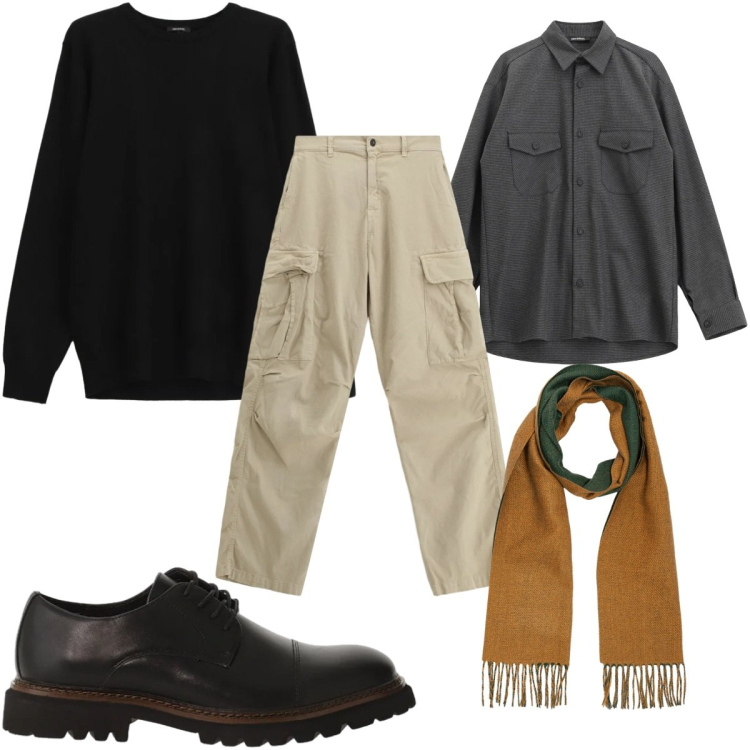 Outfit uomo - Total look #2332953. Stile Casual per Tutti i giorni. Abbinamento con camicie, pantaloni cargo, scarpe stringate, maglieria, sciarpe.