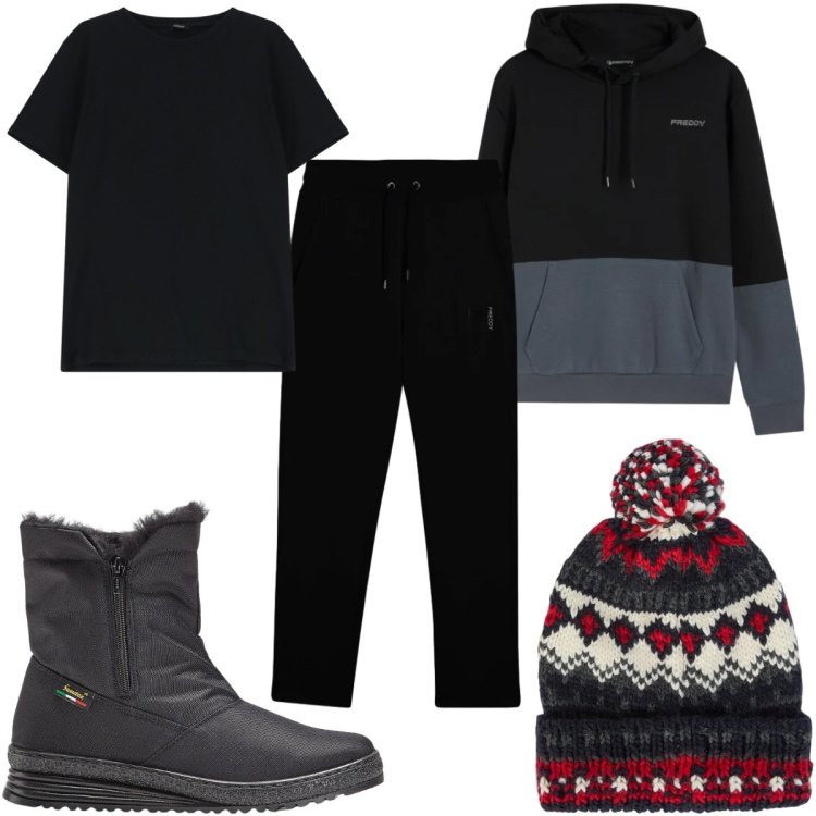 Outfit uomo - Total look #2332954. Stile Trendy per Tutti i giorni. Abbinamento con stivali e stivaletti, t-shirt, felpe con cappuccio, pantaloni, berretti.