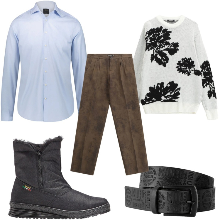 Outfit uomo - Total look #2332955. Stile Trendy per Tutti i giorni. Abbinamento con cinture, stivali e stivaletti, pantaloni, pullovers, camicie.