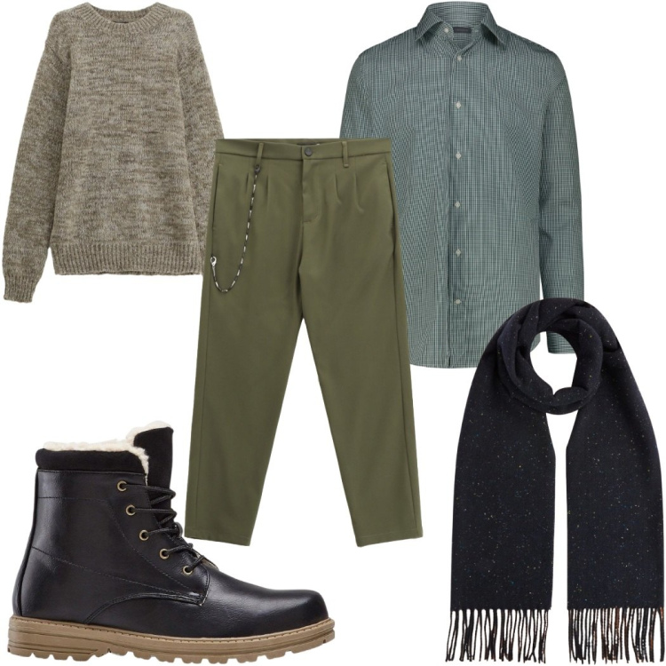 Outfit uomo - Total look #2332960. Stile Casual per Tutti i giorni. Abbinamento con stivali e stivaletti, maglieria, pantaloni, sciarpe, camicie.