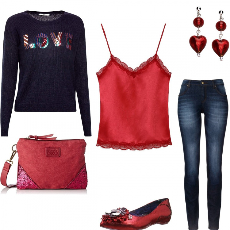 Outfit donna - #mi vesto bene con poco. Stile Bon Ton per Serata fuori. Abbinamento con jeans skinny, canottiera con pizzo e spalline sottili in raso, felpa navy, scarpe col tacco rosso, pochette rosso, orecchini in argento 925.