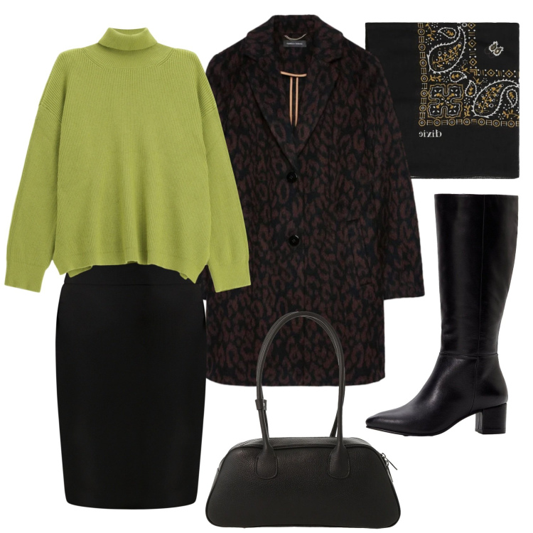 Outfit donna - Total look #2332980. Stile Chic per Ufficio. Abbinamento con stivali, maglieria, foulard, borse a mano, gonne, cappotti.