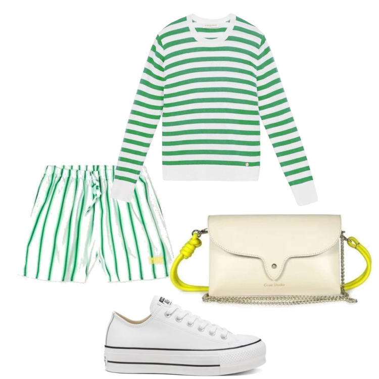 Outfit mujer - Casual look. Estilo Casual para Todos los días. Combinación con sneakers, bolsos de mano, prendas de punto, pantalones cortos.