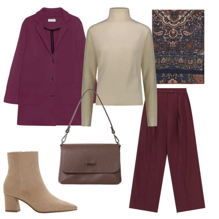 Outfit donna - Total look #2332994. Stile Casual chic per Ufficio. Abbinamento con stivaletti, pantaloni, borse a tracolla, foulard, cappotti, maglieria.