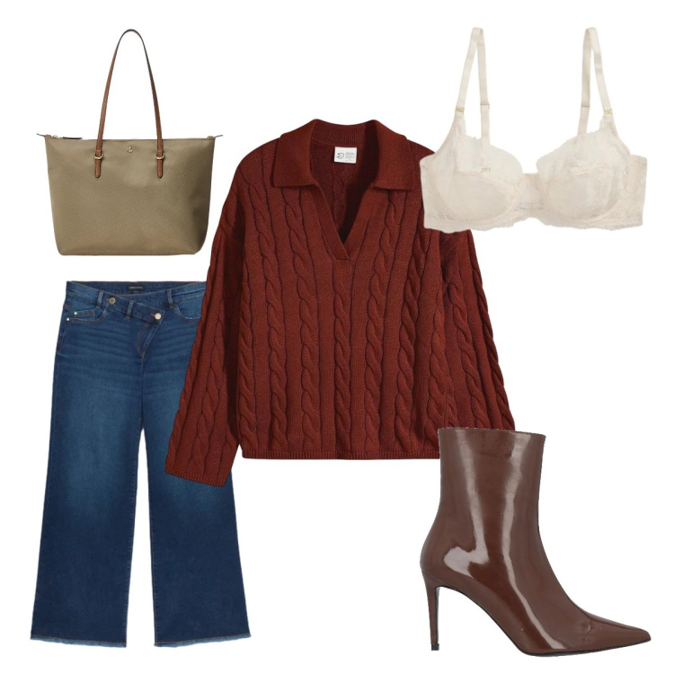 Outfit donna - Febbraio. Stile Casual per Tutti i giorni. Abbinamento con maglieria, stivaletti, borse tote, reggiseni, jeans.