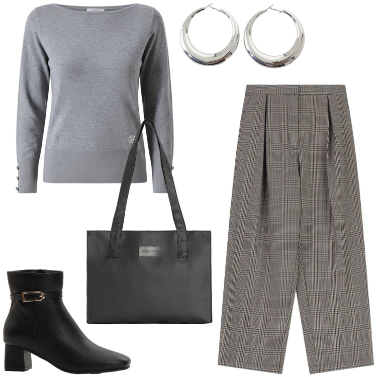 Outfit donna - Eleganza British in ufficio. Stile Chic per Ufficio. Abbinamento con stivaletti, pantaloni, orecchini, maglieria, shopping bag.