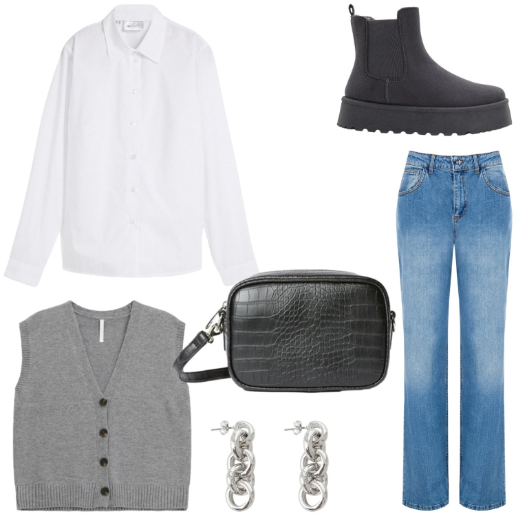 Outfit donna - Cozy boots in ufficio. Stile Sporty chic per Ufficio. Abbinamento con camicie, stivaletti chelsea, gilet, orecchini, jeans, borse a tracolla.