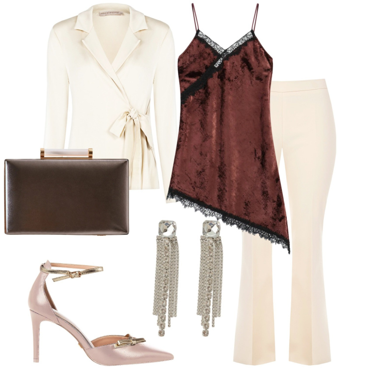 Outfit donna - Happy Valentine curvy style. Stile Chic per Serata fuori. Abbinamento con vestiti asimmetrici, orecchini, pantaloni a palazzo, blazer, décolleté, clutch.