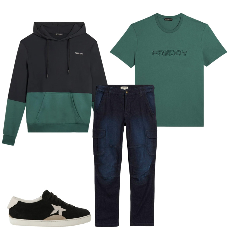 Outfit uomo - Total look #2333037. Stile Urban per Tutti i giorni. Abbinamento con jeans dritti, sneakers, felpe con cappuccio, t-shirt.