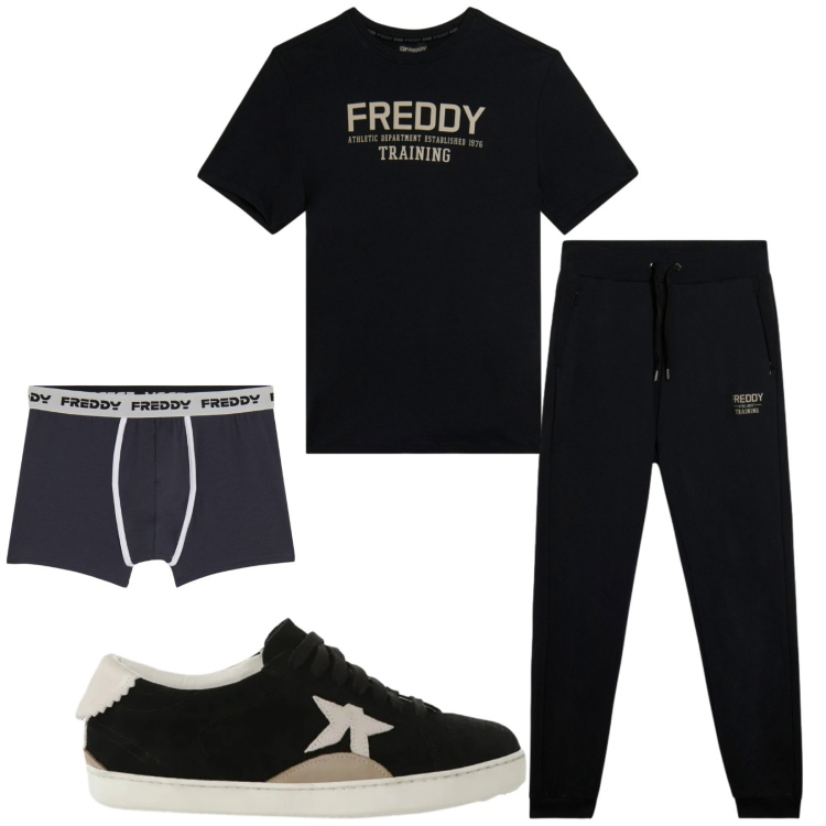Outfit uomo - Total look #2333038. Stile Urban per Sport. Abbinamento con sneakers, t-shirt, pantaloni, boxer.