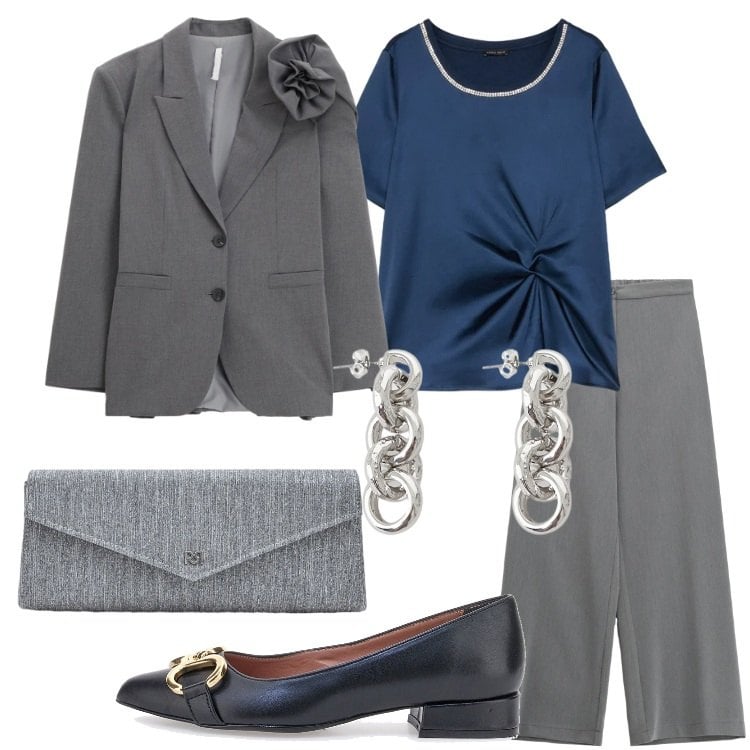 Outfit donna - Semplice ma elegante. Stile Romantica per Cerimonia. Abbinamento con pantaloni a palazzo, blazer, orecchini, pochette, bluse, ballerine.