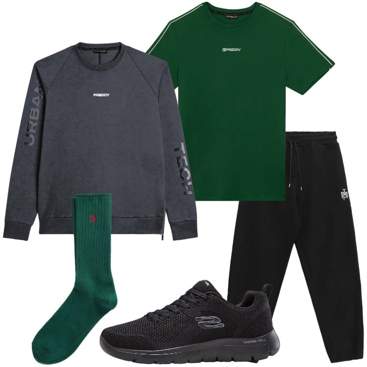 Outfit uomo - Freddy. Stile Casual per Sport. Abbinamento con sneakers, pantaloni sportivi, t-shirt sportive, felpe, calzini.