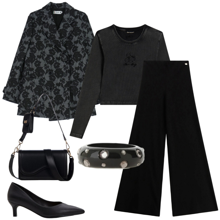 Outfit donna - Total look #2333055. Stile Urban per Serata fuori. Abbinamento con décolleté, pantaloni a palazzo, anelli, pochette, blazer, t-shirt.