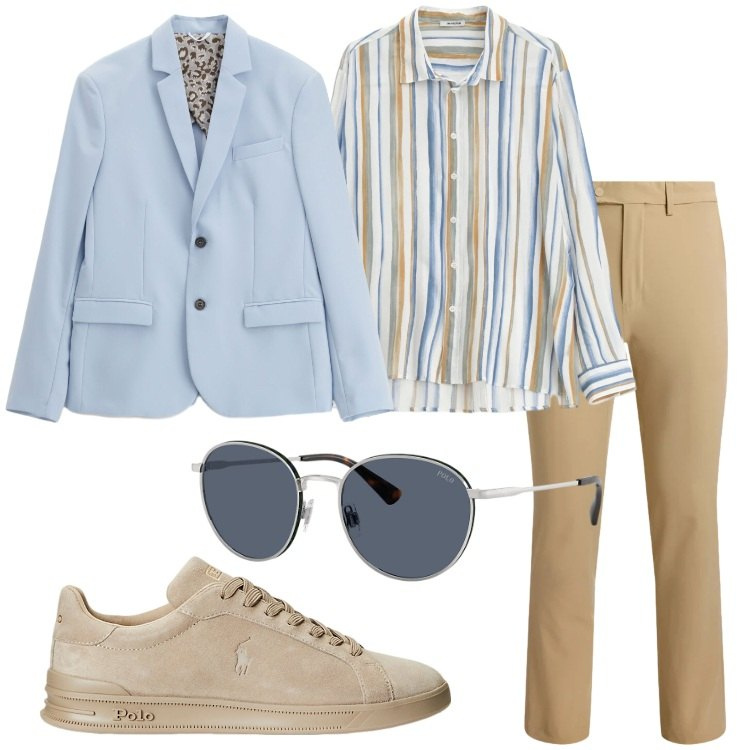 Outfit uomo - Cerimonia primaverile. Stile Trendy per Cerimonia. Abbinamento con giacche, camicie, sneakers, pantaloni, occhiali da sole.