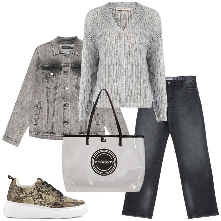 Outfit donna - Total look #2333061. Stile Basic per Tutti i giorni. Abbinamento con cardigans, jeans, shopping bag, blazer, sneakers.