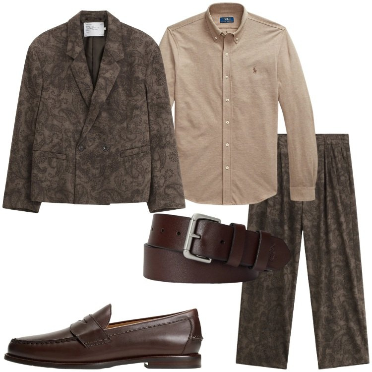 Outfit uomo - Completo stampa paisley. Stile Trendy per Serata speciale. Abbinamento con pantaloni, giacche, cinture, scarpe stringate, camicie.