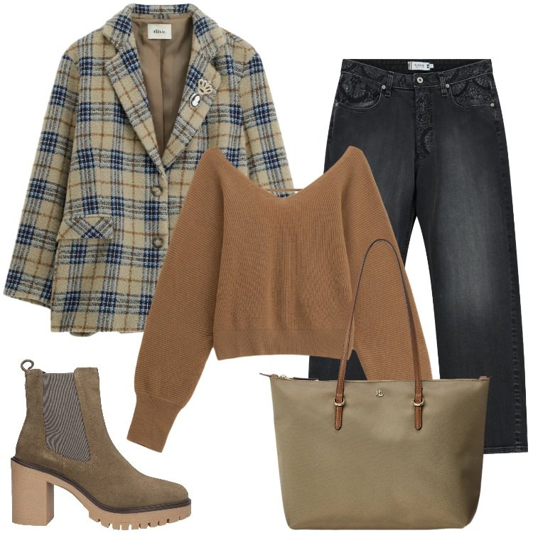 Outfit donna - Total look #2333066. Stile Casual per Tutti i giorni. Abbinamento con stivaletti chelsea, blazer, maglieria, jeans dritti, borse tote.