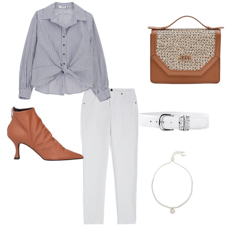 Outfit donna - Striped Elegance. Stile Preppy per Tutti i giorni. Abbinamento con cinture, stivaletti, pochette, camicie, pantaloni skinny, braccialetti.