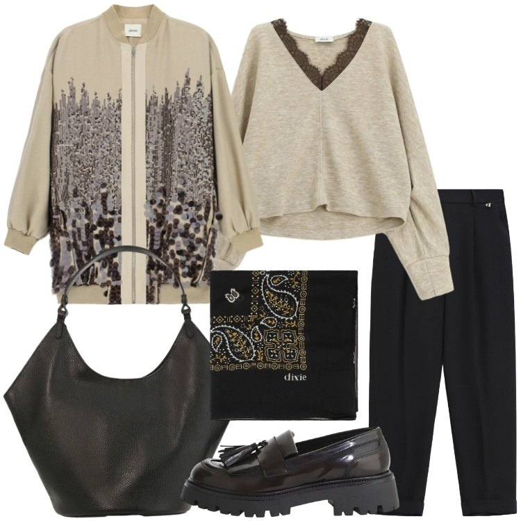 Outfit donna - Un bomber particolare. Stile Urban per Tutti i giorni. Abbinamento con pullovers, pantaloni, mocassini, borse a spalla, foulard, bomber.