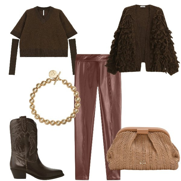 Outfit donna - Total look #2333097. Stile Trendy per Serata fuori. Abbinamento con maglieria, stivali, pochette, cardigans, treggings, braccialetti.