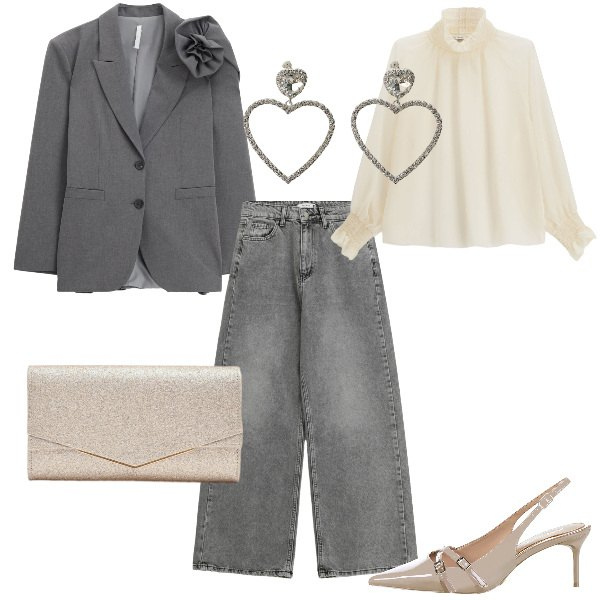 Outfit donna - Total look #2333098. Stile Casual chic per Serata fuori. Abbinamento con blazer, camicie, orecchini, décolleté, clutch, jeans.