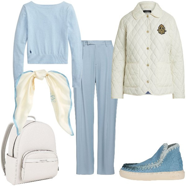 Outfit donna - Total look #2333101. Stile Sporty chic per Tutti i giorni. Abbinamento con pantaloni, stivaletti, zaini, maglieria, giacche, foulard.