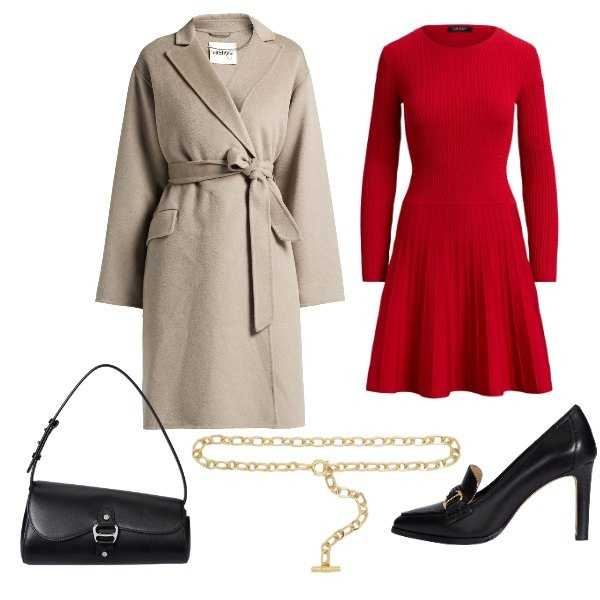 Outfit donna - Total look #2333102. Stile Chic per Serata fuori. Abbinamento con cappotti, borse a spalla, décolleté, cinture, vestiti.