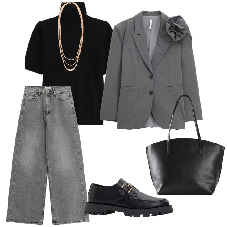 Outfit donna - Nero e grigio. per Scuola/Università. Abbinamento con shopping bag, mocassini, blazer, maglieria, jeans, collane.