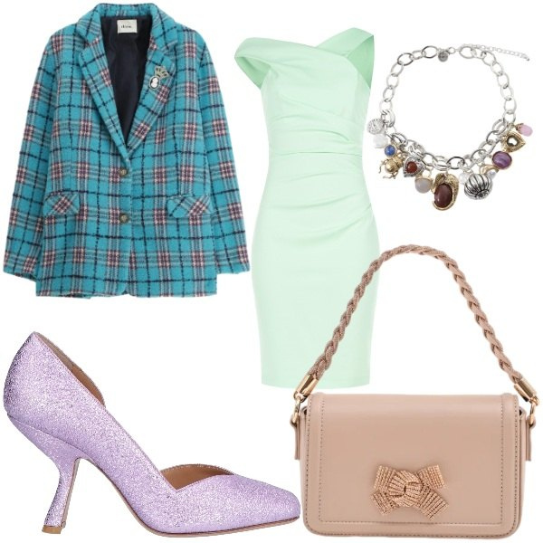 Outfit donna - un tocco di colore. Stile Glamour per Serata fuori. Abbinamento con décolleté, blazer, braccialetti con ciondoli, pochette, vestiti asimmetrici.