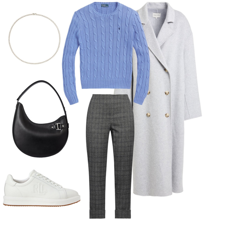 Outfit donna - Eleganza Quotidiana. Stile Preppy per Tutti i giorni. Abbinamento con pantaloni, cappotti, maglieria, sneakers, borse a spalla, collane.