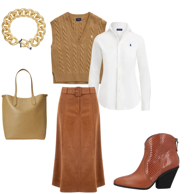 Outfit donna - Timeless Preppy. Stile Preppy per Tutti i giorni. Abbinamento con stivaletti texani, gonne longuette, maglieria, borse tote, braccialetti, camicie.