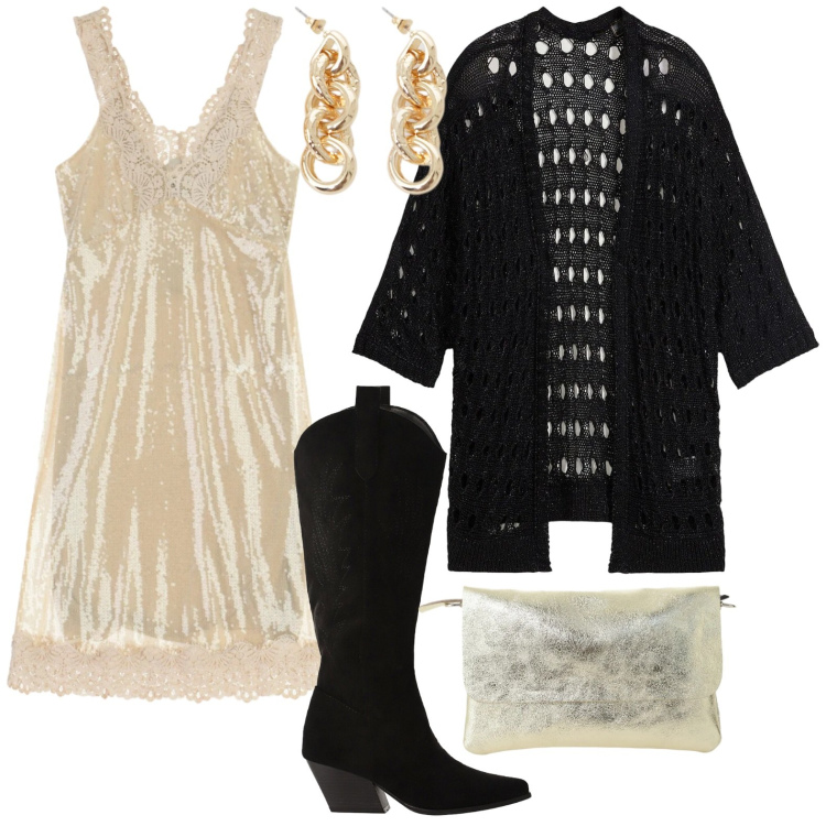 Outfit donna - Il fascino dei dettagli. Stile Glamour per Serata fuori. Abbinamento con cardigans, stivali, orecchini, vestiti midi/longuette, borse a spalla.