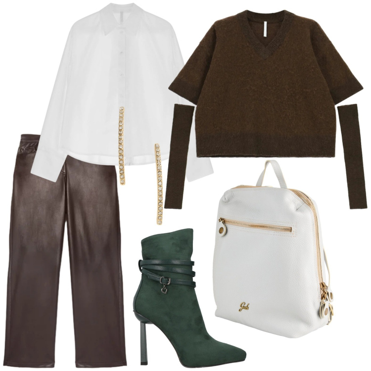 Outfit donna - Il fascino dei dettagli. Stile Minimal per Tutti i giorni. Abbinamento con stivaletti, zaini, camicie, maglieria, orecchini, pantaloni chino.