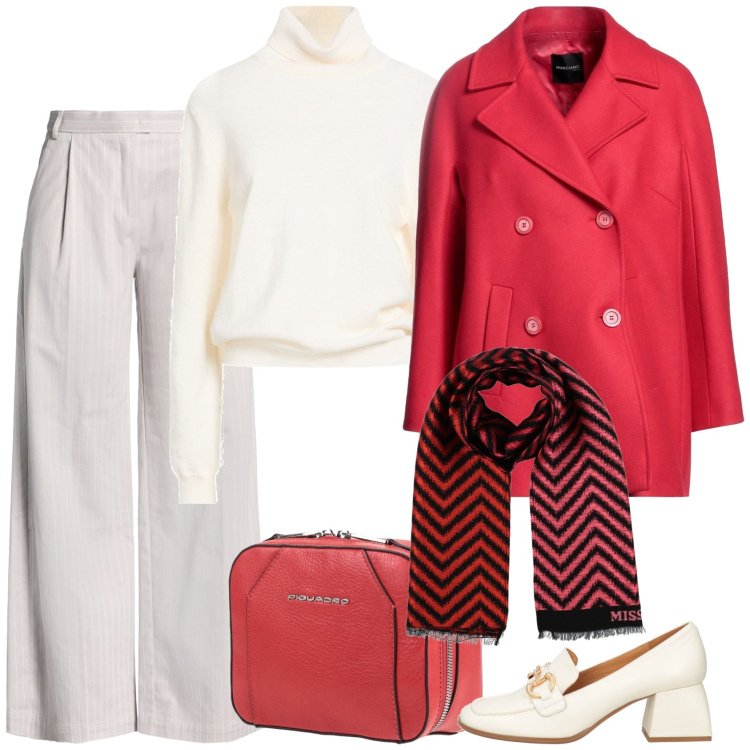 Outfit donna - Rosso e panna. Stile Casual chic per Scuola/Università. Abbinamento con caban, maglieria, sciarpe, mocassini, pantaloni, marsupi.