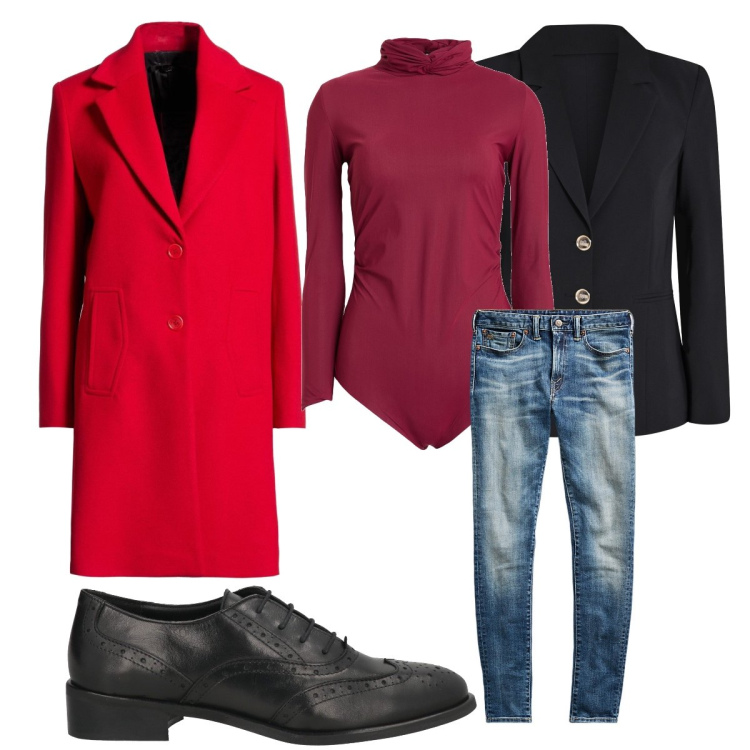 Outfit donna - Rosso febbraio. Stile Mannish per Serata fuori. Abbinamento con scarpe stringate, cappotti, body, blazer, jeans skinny.
